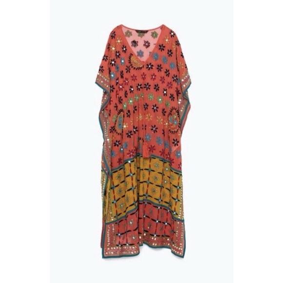 NWT Zara Embroidered Beaded Kaftan Dress M Boho Ethnic Viscose Colorful Maxi - Picture 3 of 13
